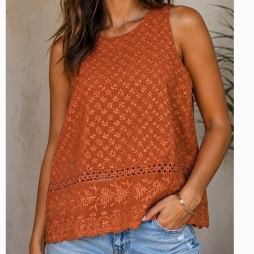 Loft Womens Size XXS Petite Sleeveless Blouse Burnt Orange Eyelet Lace High Neck